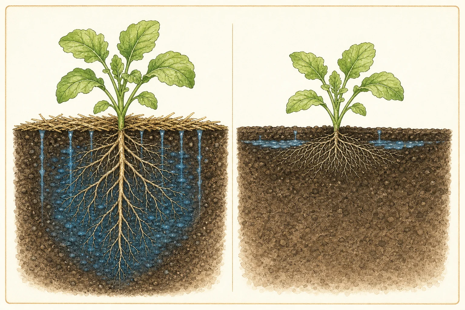 Split soil cross-section comparing deep watering that reaches a broad root zone with shallow watering that only wets the surface.