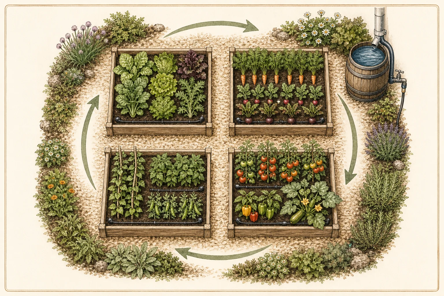 Top-down garden plan with four raised beds, paths, irrigation, water access, and crop rotation arrows.