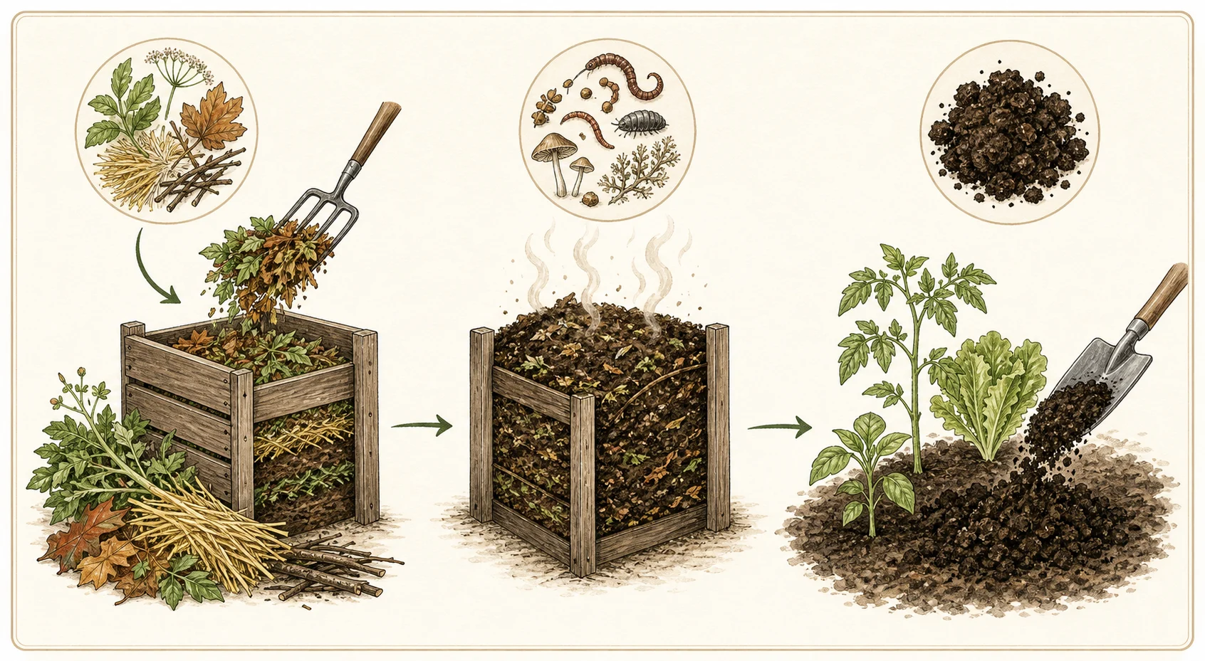 Illustrated garden compost cycle with plants, scraps, compost, and soil.