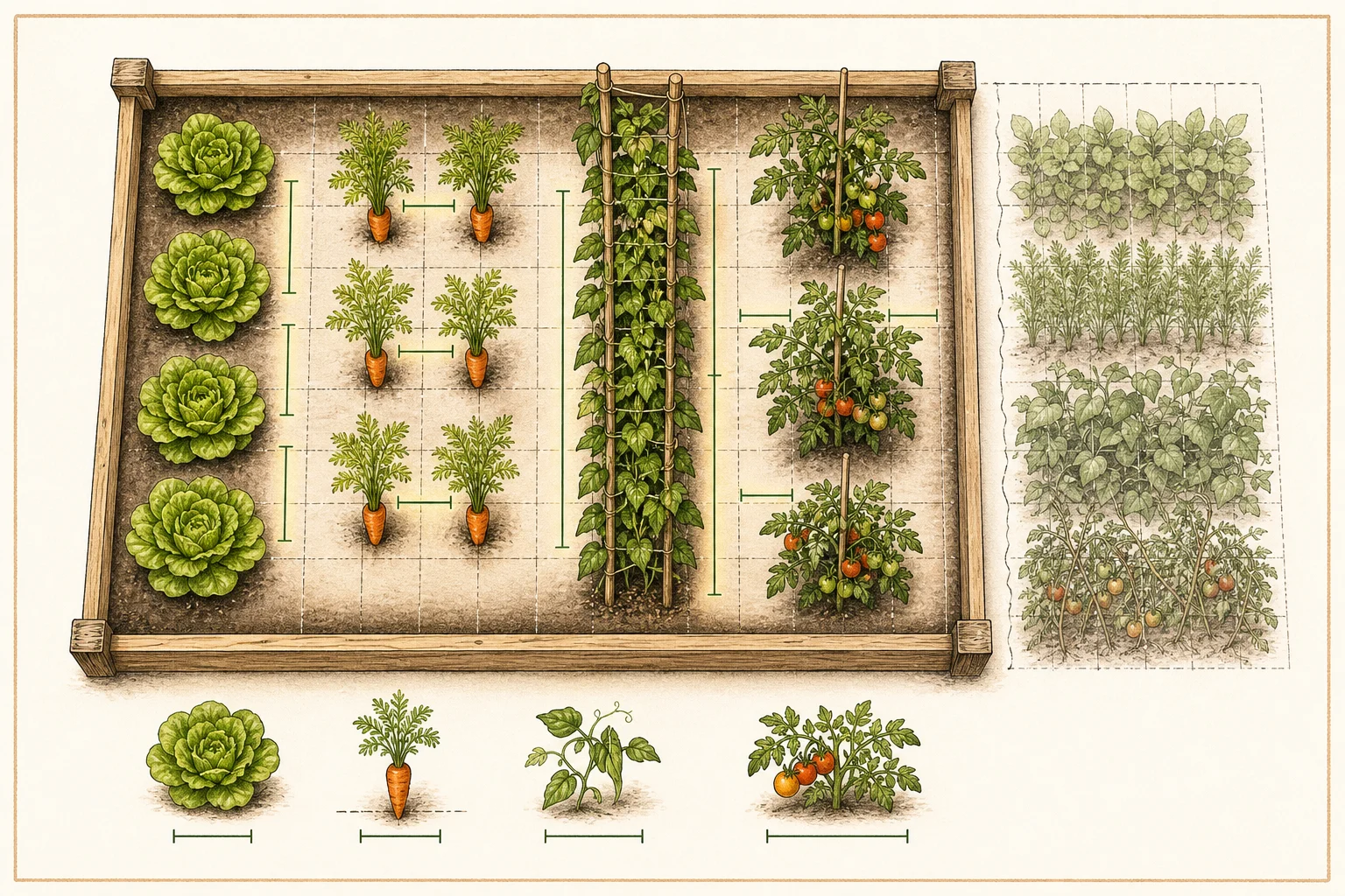 Top-down vegetable bed spacing grid with mature lettuce, carrots, trellised beans, tomatoes, spacing marks, and an overcrowded comparison area.