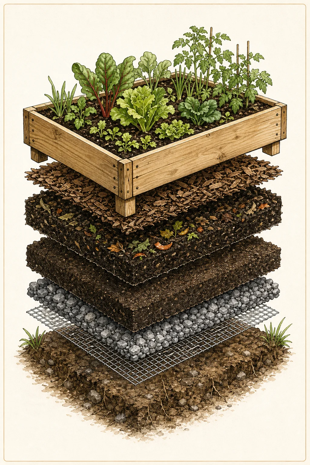 Exploded watercolor cutaway of a raised bed showing plants, mulch, compost, soil, drainage stone, hardware cloth, and native ground.