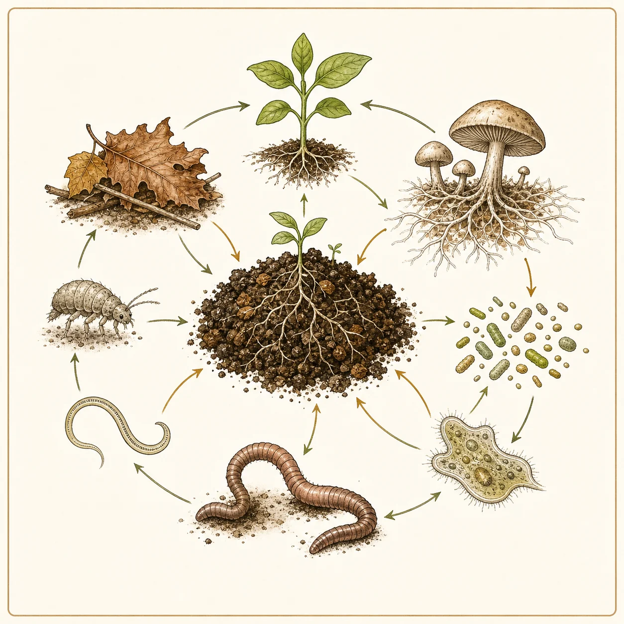 Circular soil food web illustration with roots, fungi, bacteria, earthworm, arthropod, nematode, protozoa-like microbe, and organic matter around living soil.