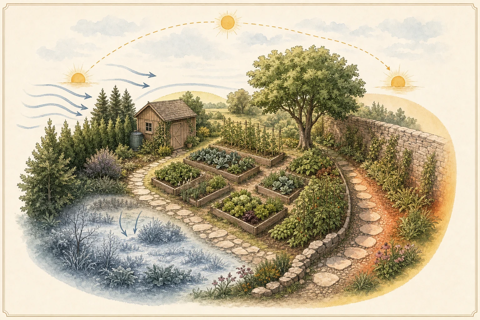 Garden microclimate illustration with sun arc, wind arrows, shade from trees, a cool low area, warm stone wall, paths, shed, and vegetable beds.