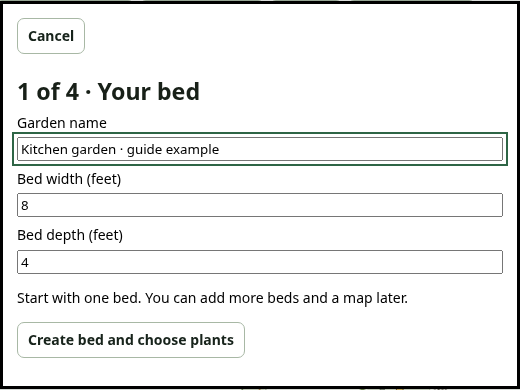 First-plan dialog with a garden name and width and depth in feet.