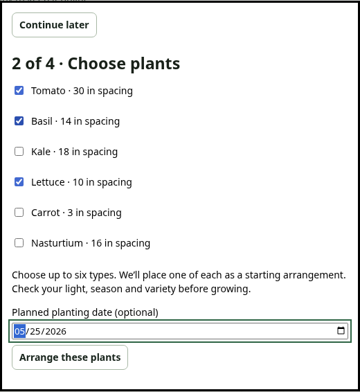 Starter plant choices showing tomato, lettuce and basil selected, with their spacing and an optional planned date.