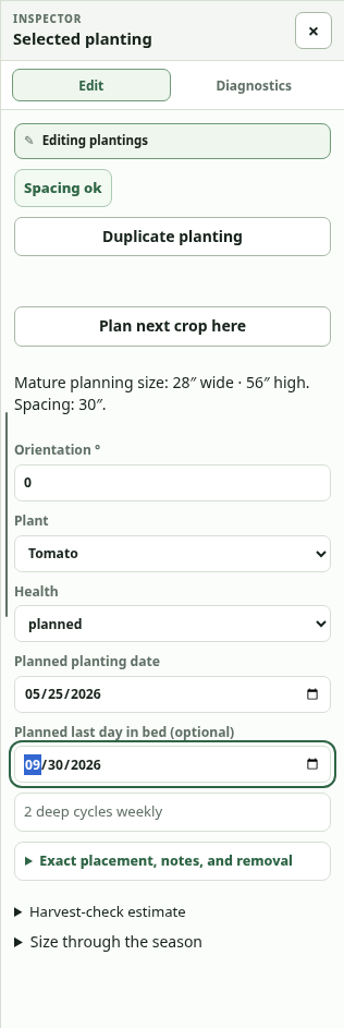 Selected plant inspector with an edit lock, planned dates, orientation and planting actions.