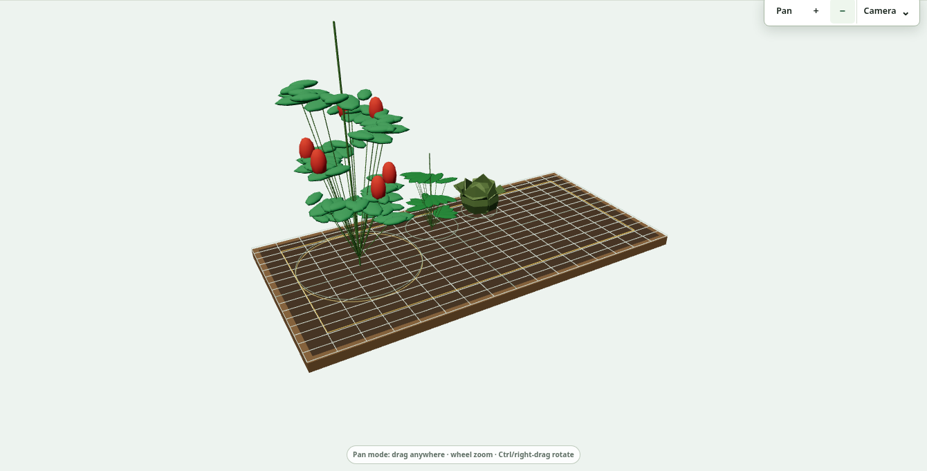 The sample bed in 3D with tomato, basil and lettuce models above a spacing grid.