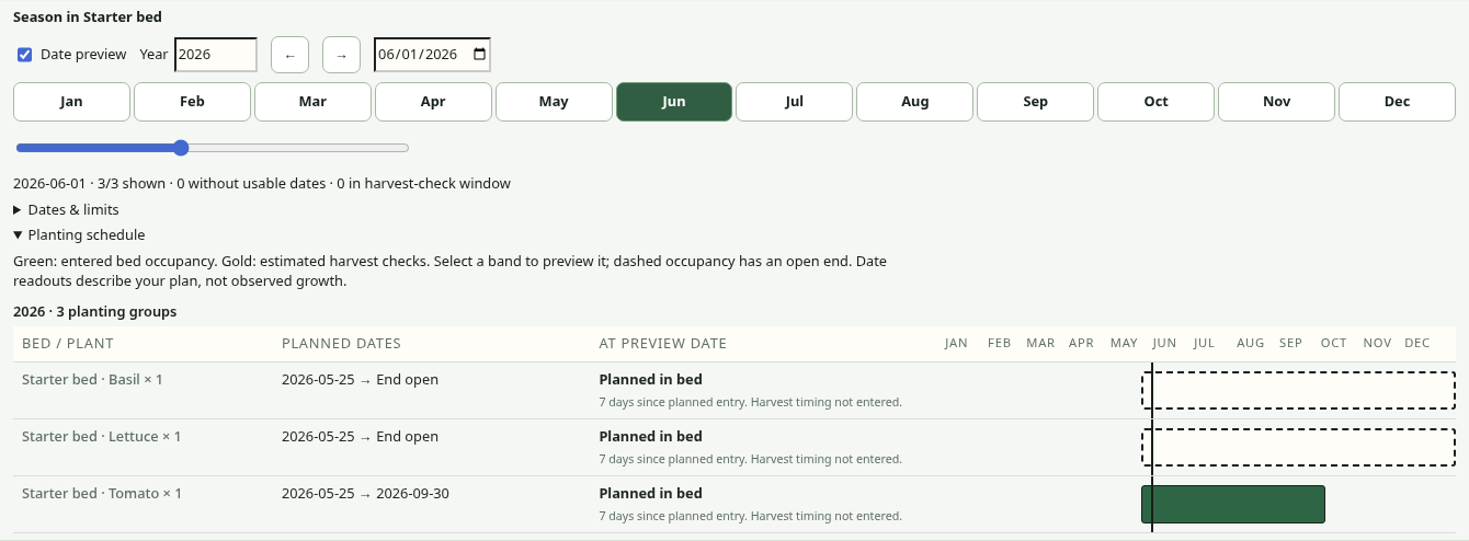 Season panel showing June 2026, month buttons, a date slider and planting occupancy bars.